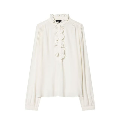 Ruffled Collar Long-Sleeve Blouse with Trim Details