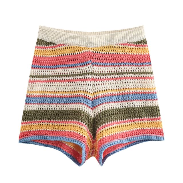 Striped Collared Short-Sleeve Knit Top with Knit Shorts