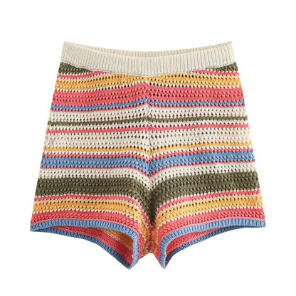 Striped Collared Short-Sleeve Knit Top with Knit Shorts