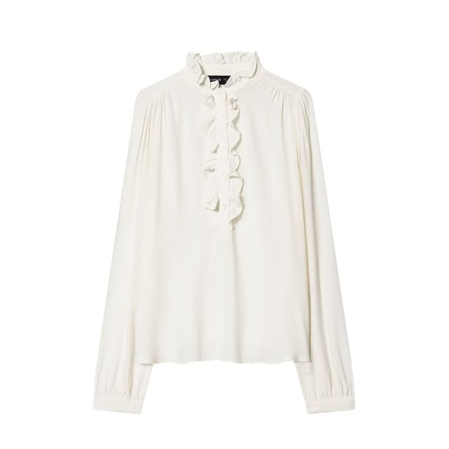 Ruffled Collar Long-Sleeve Blouse with Trim Details