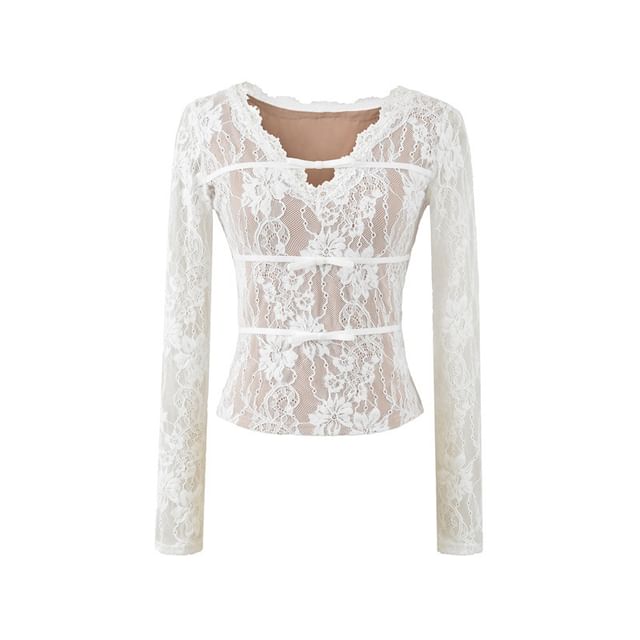 V-Neck Lace Crop Top with Long Sleeves