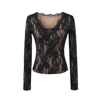 V-Neck Lace Crop Top with Long Sleeves