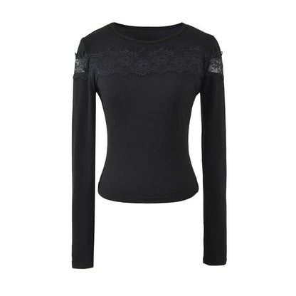 Lace-Insert Crewneck Crop Tee with Long Sleeves