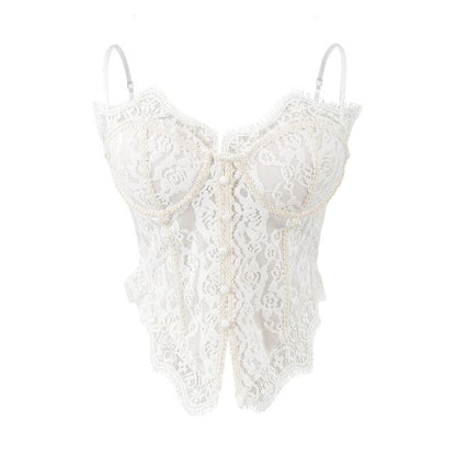 Button-Front Lace Corset Crop Top