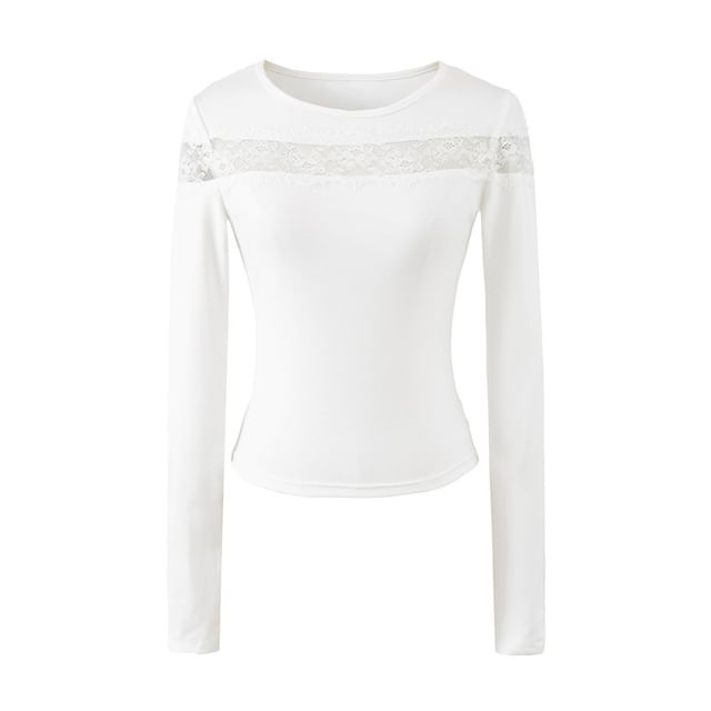 Lace-Insert Crewneck Crop Tee with Long Sleeves