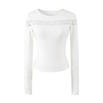 Lace-Insert Crewneck Crop Tee with Long Sleeves