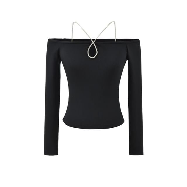 Crystal-Embellished Fitted Crop Tee with Long Sleeves