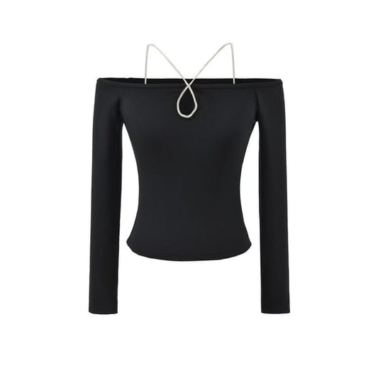 Crystal-Embellished Fitted Crop Tee with Long Sleeves