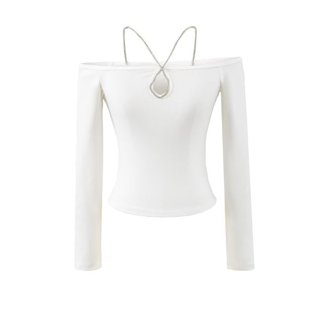 Crystal-Embellished Fitted Crop Tee with Long Sleeves