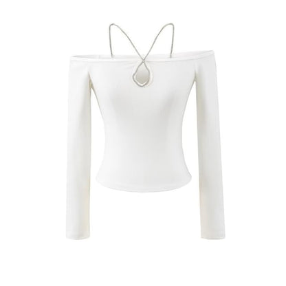 Crystal-Embellished Fitted Crop Tee with Long Sleeves