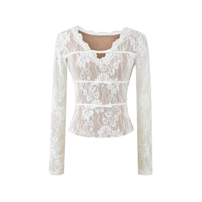 V-Neck Lace Crop Top with Long Sleeves
