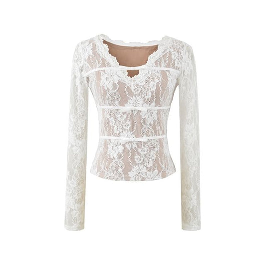 V-Neck Lace Crop Top with Long Sleeves