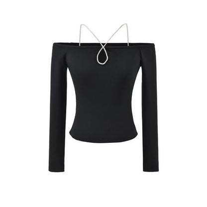 Crystal-Embellished Fitted Crop Tee with Long Sleeves