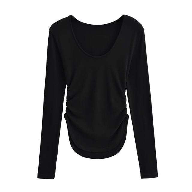 Scoop Hem Solid Tee with Long Sleeves