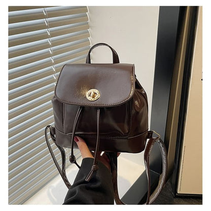 Plain Drawstring Faux Leather Flap Backpack