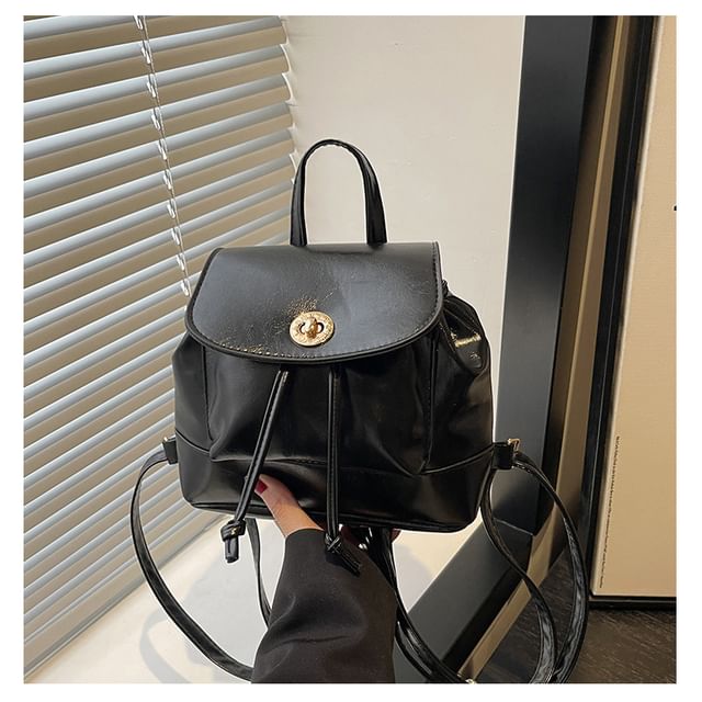 Plain Drawstring Faux Leather Flap Backpack