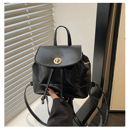 Plain Drawstring Faux Leather Flap Backpack