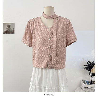 Textured Loose-Fit V-Neck Short-Sleeve Blouse