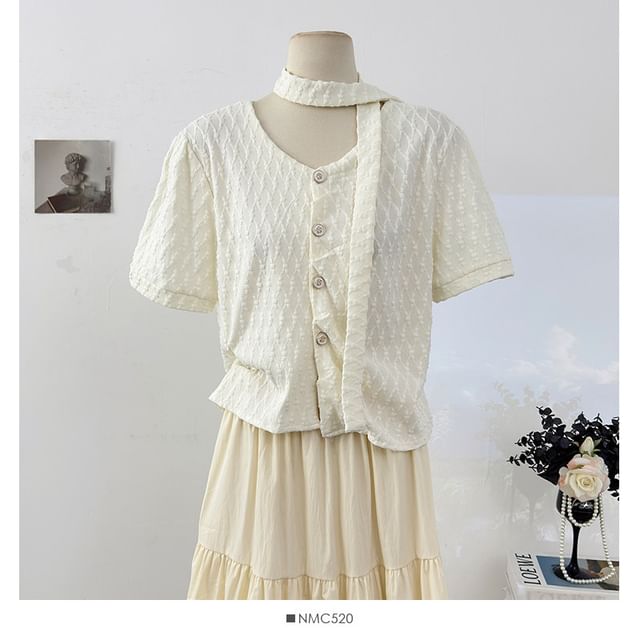 Textured Loose-Fit V-Neck Short-Sleeve Blouse