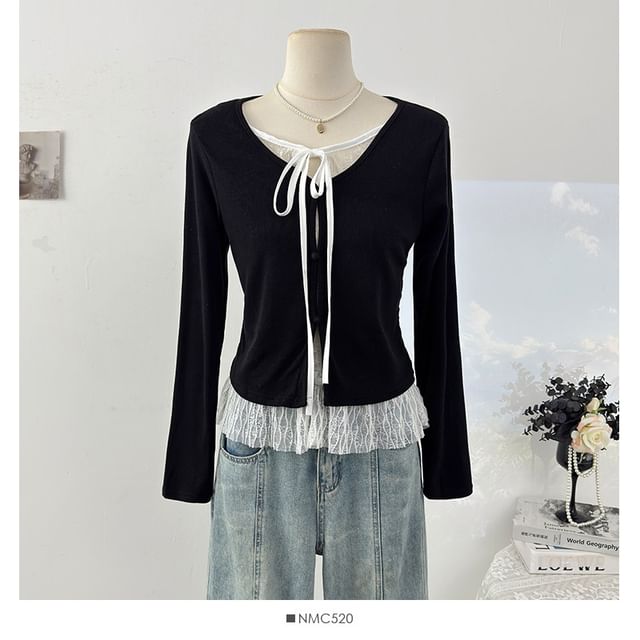 Fitted Lace-Trim Long Sleeve Tee with Front Tie