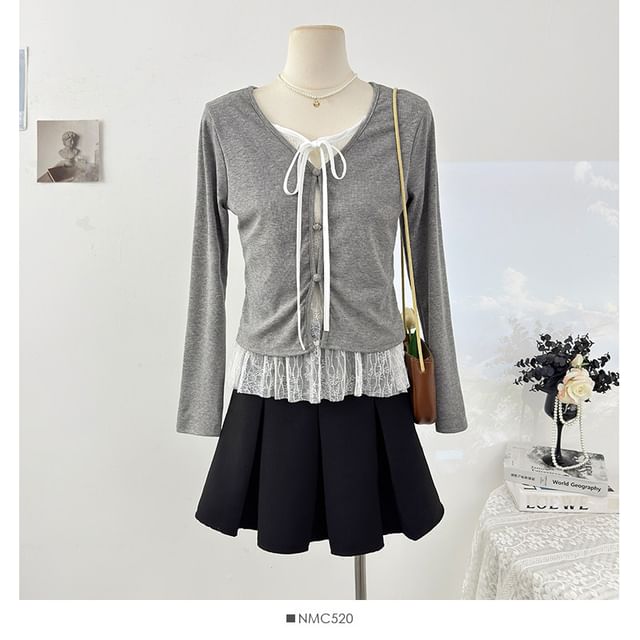 Fitted Lace-Trim Long Sleeve Tee with Front Tie