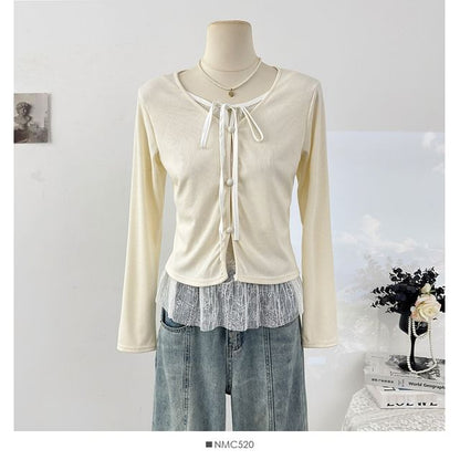 Fitted Lace-Trim Long Sleeve Tee with Front Tie