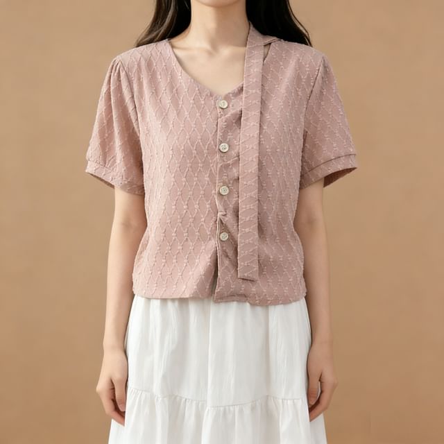Textured Loose-Fit V-Neck Short-Sleeve Blouse