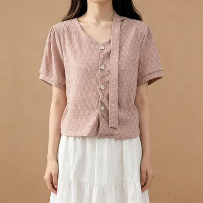 Textured Loose-Fit V-Neck Short-Sleeve Blouse