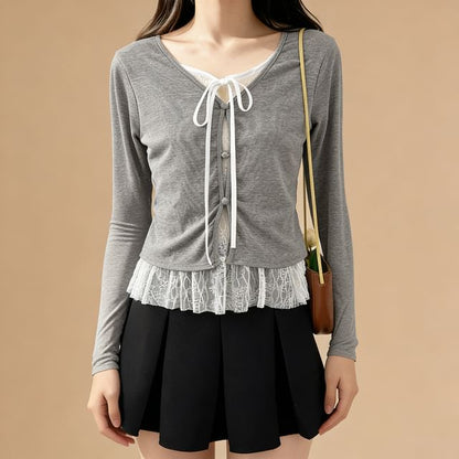 Fitted Lace-Trim Long Sleeve Tee with Front Tie