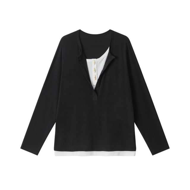 Relaxed Color-Block Long Sleeve Tee with Faux Layer