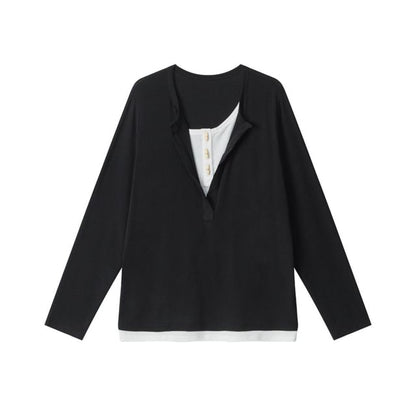 Relaxed Color-Block Long Sleeve Tee with Faux Layer