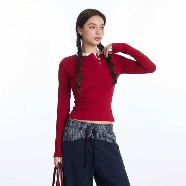 Color-Block Round Neck Crop Tee with Long Sleeves