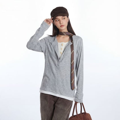 Relaxed Color-Block Long Sleeve Tee with Faux Layer