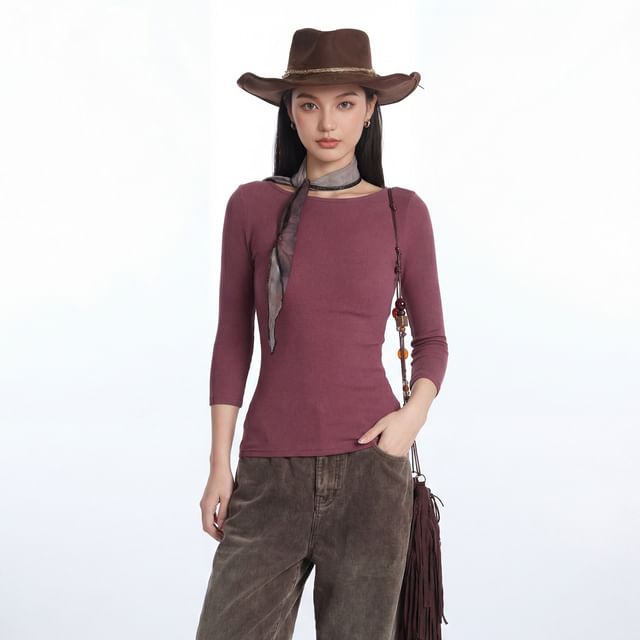 Ribbed Boatneck Slim-Fit Elbow-Sleeve Top