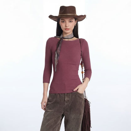 Ribbed Boatneck Slim-Fit Elbow-Sleeve Top
