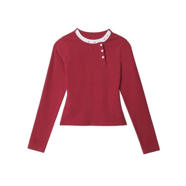 Color-Block Round Neck Crop Tee with Long Sleeves