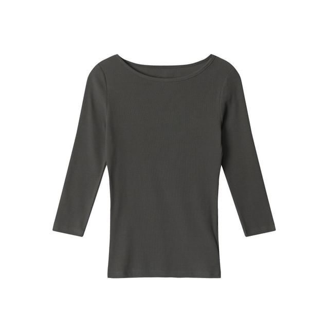 Ribbed Boatneck Slim-Fit Elbow-Sleeve Top