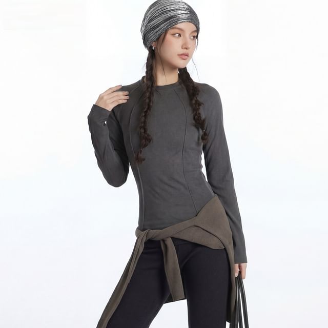 Paneled Solid Crewneck Slim-Fit Long-Sleeve Top