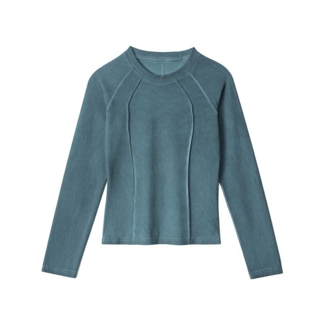 Paneled Solid Crewneck Slim-Fit Long-Sleeve Top
