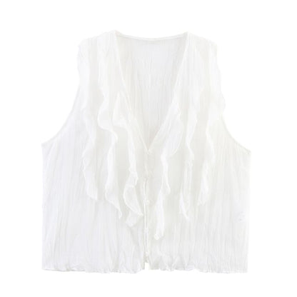 Ruffled V-Neck Sleeveless Flowy Blouse in Solid Hue