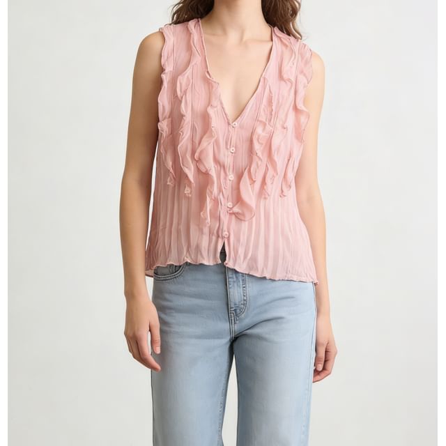 Ruffled V-Neck Sleeveless Flowy Blouse in Solid Hue