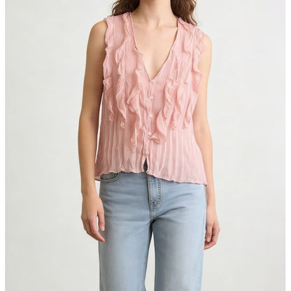 Ruffled V-Neck Sleeveless Flowy Blouse in Solid Hue