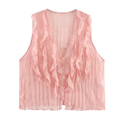 Ruffled V-Neck Sleeveless Flowy Blouse in Solid Hue