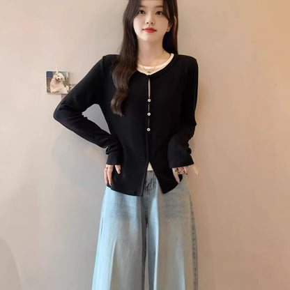 Slit Mock Two-Piece Round Neck Long-Sleeve Top