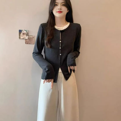 Slit Mock Two-Piece Round Neck Long-Sleeve Top