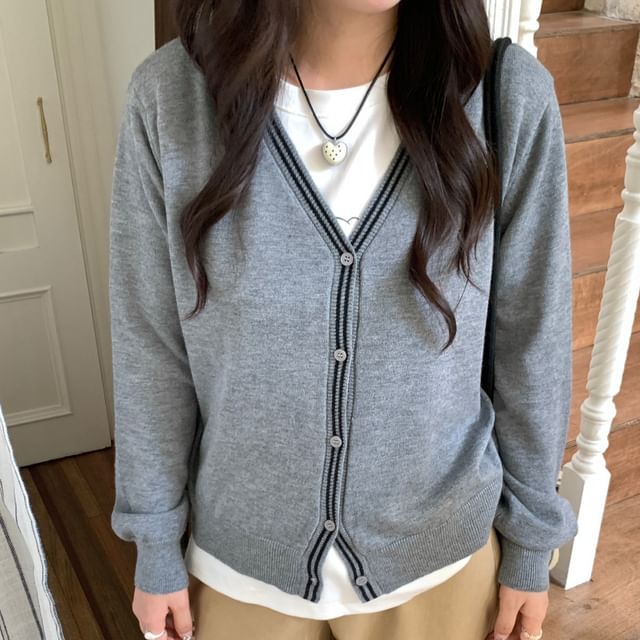 V-Neck Striped Trim Cardigan