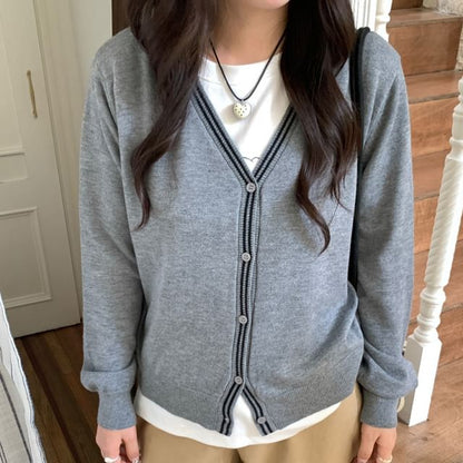 V-Neck Striped Trim Cardigan