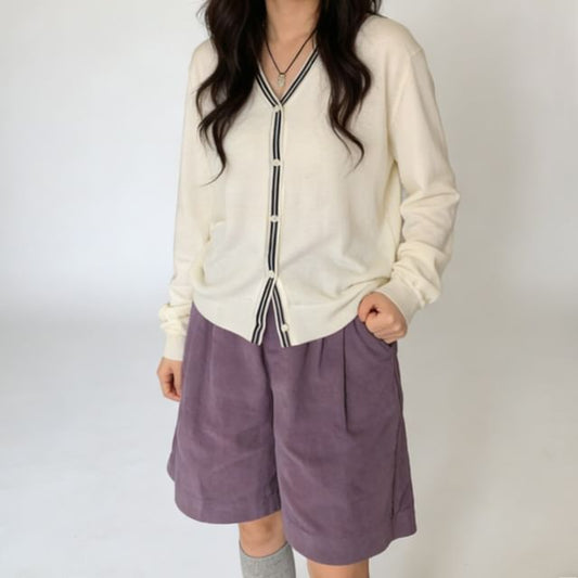 V-Neck Striped Trim Cardigan