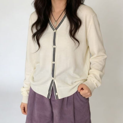 V-Neck Striped Trim Cardigan
