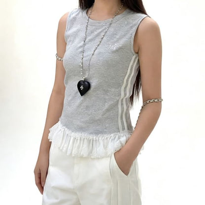 Striped Lace Trim Round Neck Tank Top